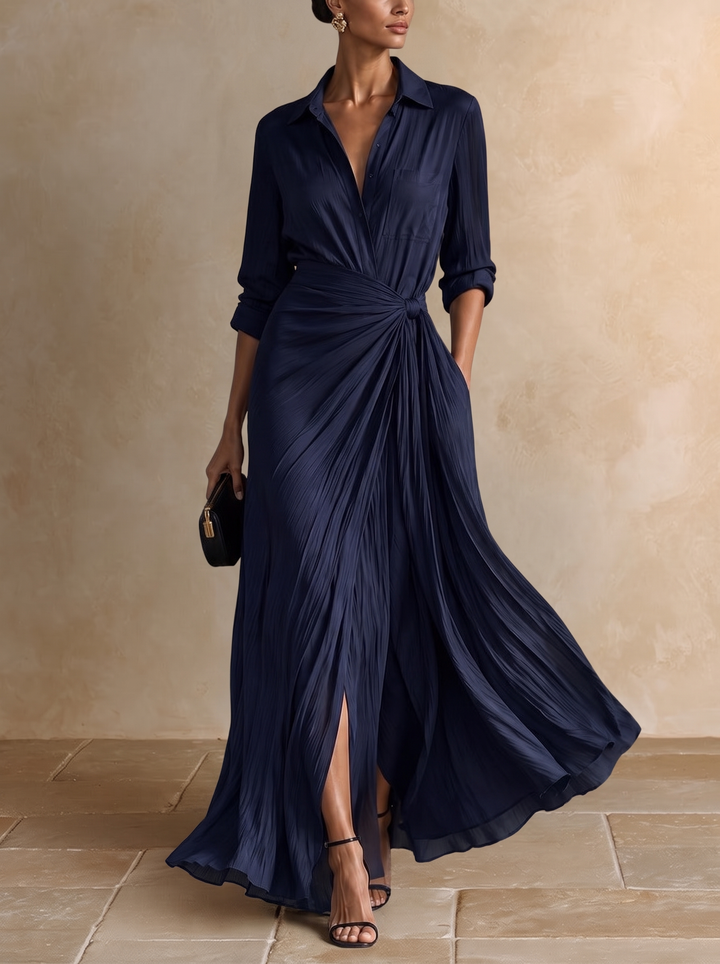 Gabriella | Elegante Abito Chemisier Maxi Blu Navy Annodato