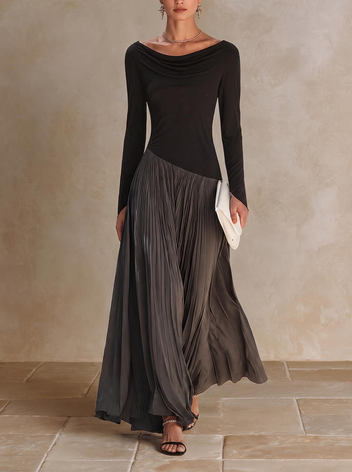 Marina | Abito maxi plissettato con scollo drappeggiato bicolore nero e grigio