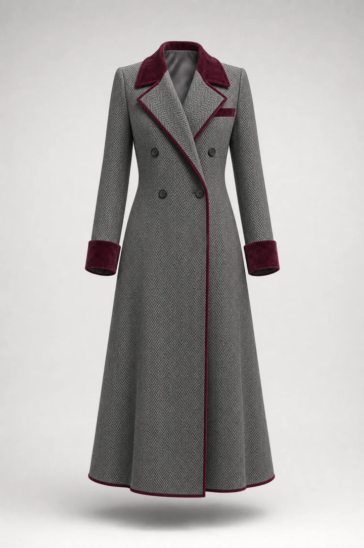 Elegante cappotto lungo in lana a spina di pesce con lussuose rifiniture in velluto