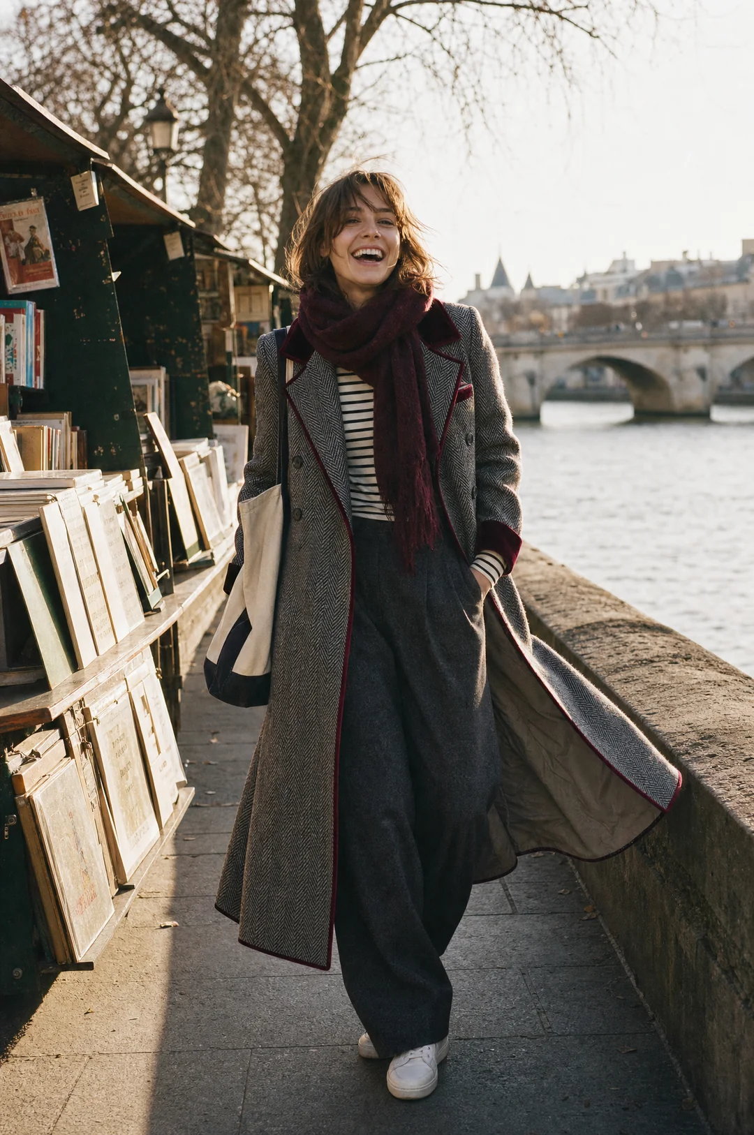 Elegante cappotto lungo in lana a spina di pesce con lussuose rifiniture in velluto