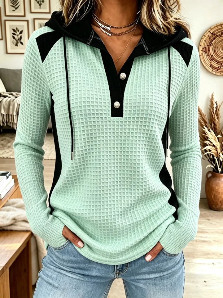 Rosa | Felpa con cappuccio da donna in maglia waffle color block con abbottonatura Henley
