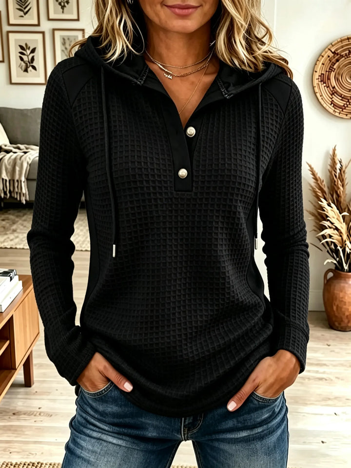 Rosa | Felpa con cappuccio da donna in maglia waffle color block con abbottonatura Henley
